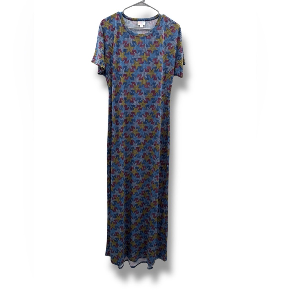 Luluroe Maria Star Print Short Sleeve Stretchy Maxi Dress Sz M NEW Blue Red‎